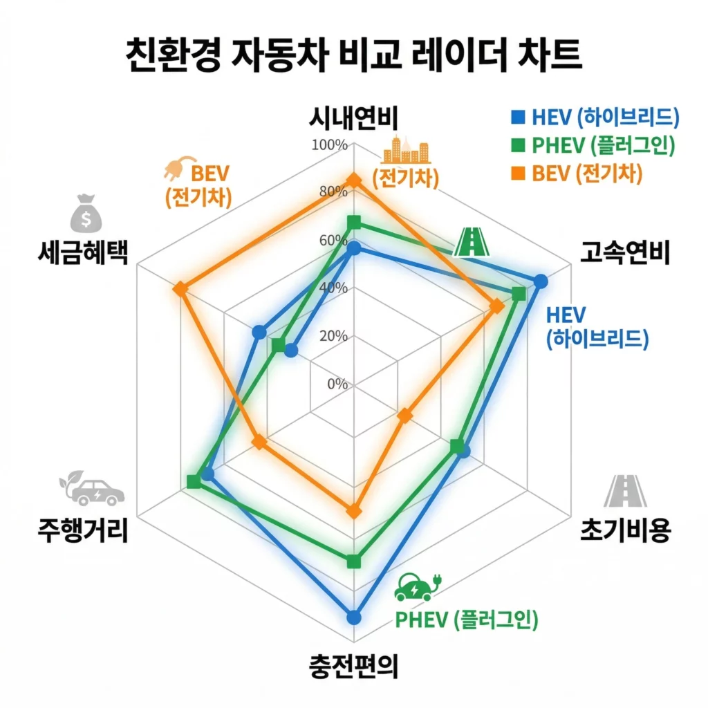 HEV·PHEV·BEV 비교 레이더 차트