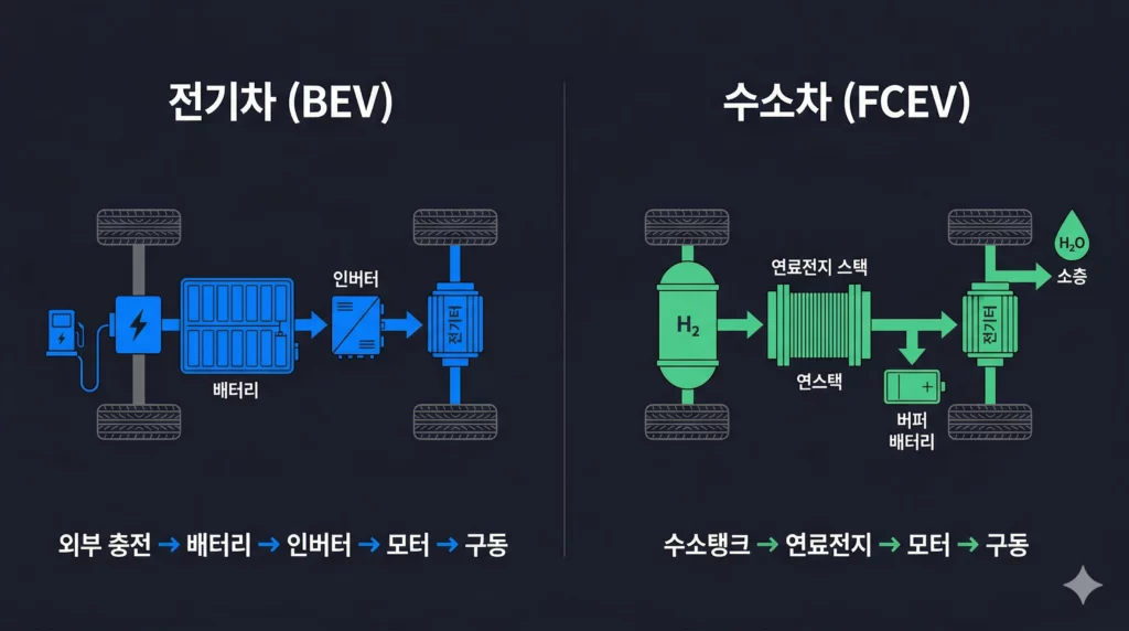 전기차 수소차 구동 원리 비교 다이어그램