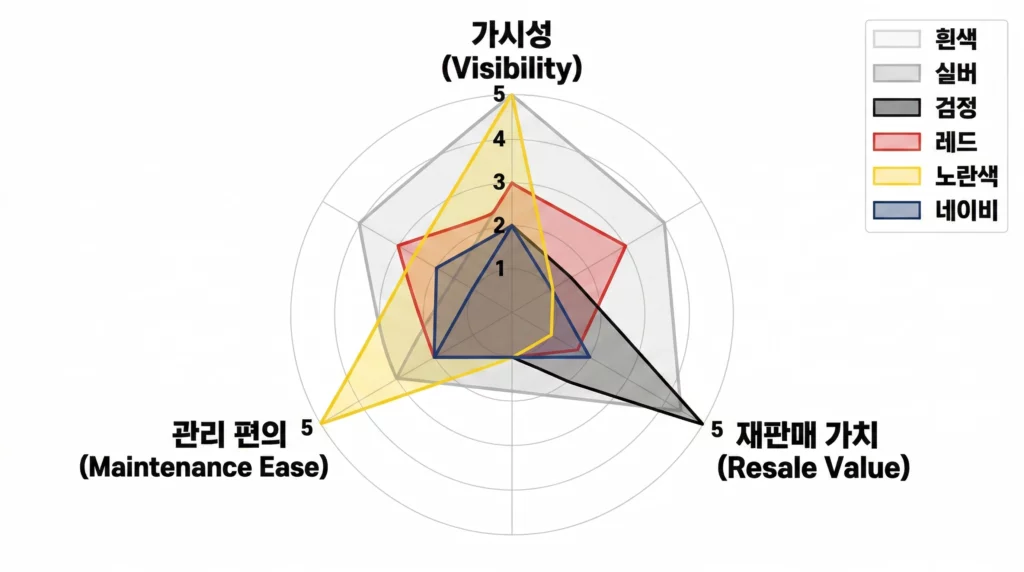 자동차 색상 가시성·사고율·관리 3축 레이더 차트