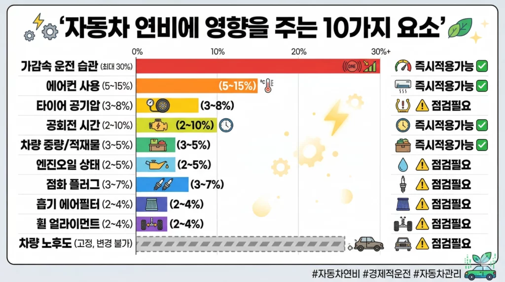 자동차 연비 영향 요소 기여도 인포그래픽