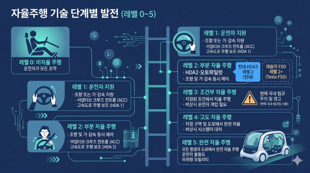 자율주행 레벨 0~5 단계별 현대 테슬라 기술 위치 비교 인포그래픽