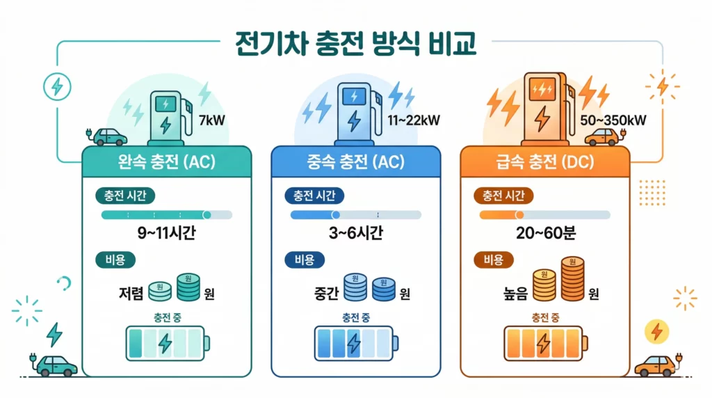 전기차 완속·중속·급속 충전 속도와 요금 비교 인포그래픽