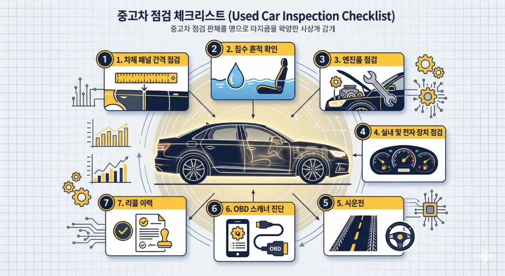 중고차 현장 점검 7단계 체크리스트 인포그래픽