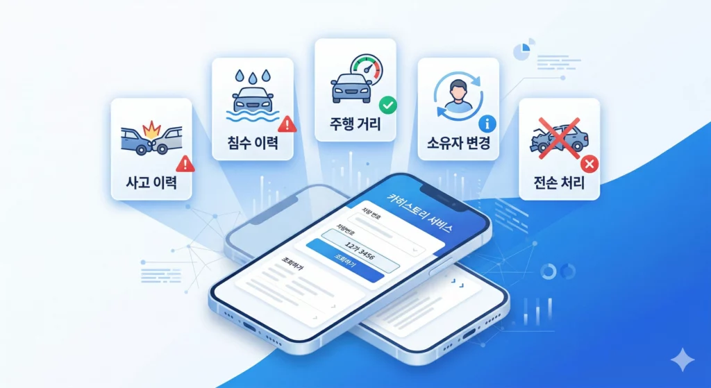카히스토리 조회 화면과 중고차 이력 확인 항목 인포그래픽