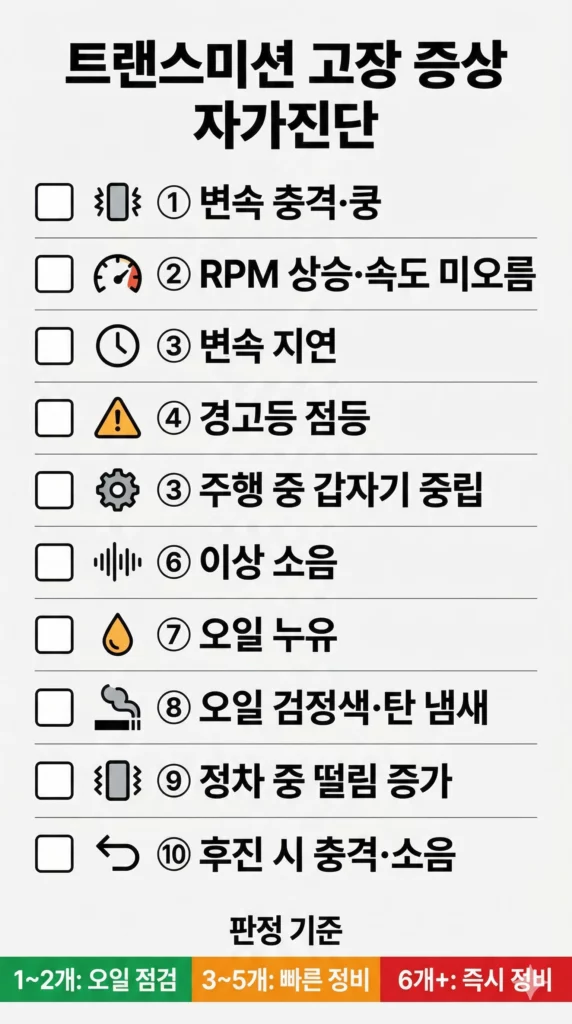 트랜스미션 고장 증상 체크리스트 인포그래픽
