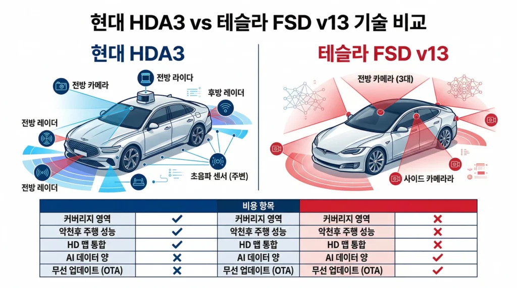 현대 HDA3와 테슬라 FSD v13 센서 구성 및 기능 비교 인포그래픽