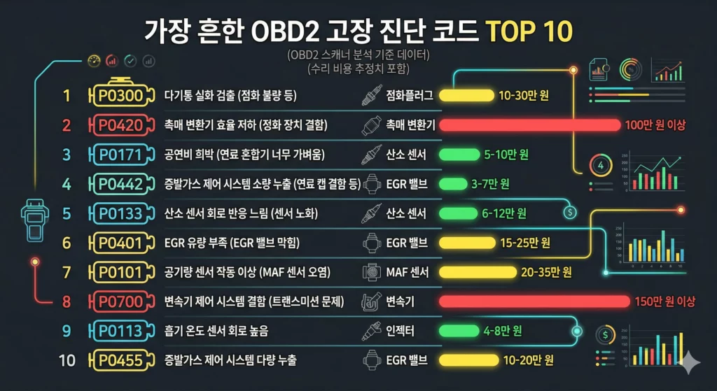 자주 뜨는 자동차 고장코드 TOP 10과 예상 수리비 인포그래픽