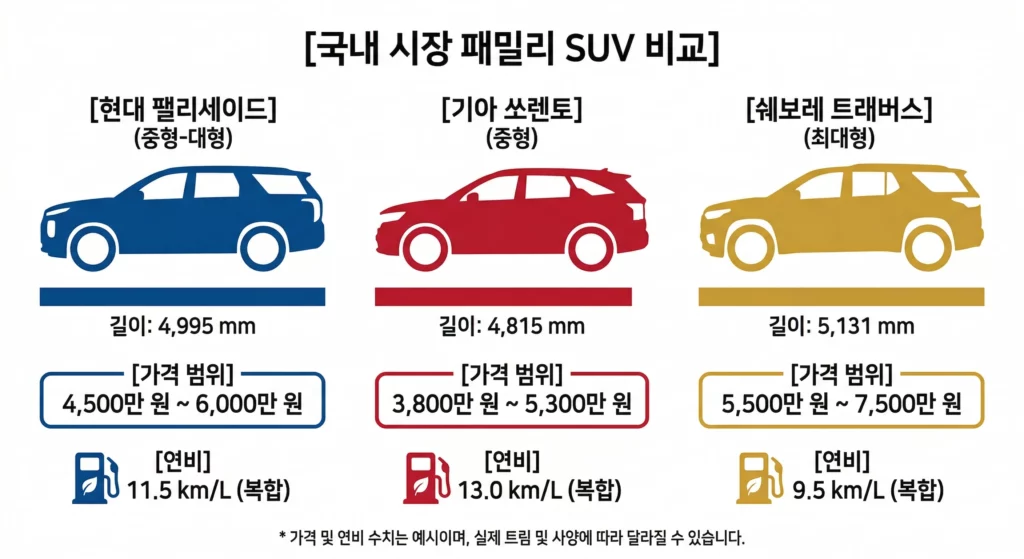 팰리세이드 쏘렌토 트래버스 3열 공간 크기 및 가격 비교 인포그래픽