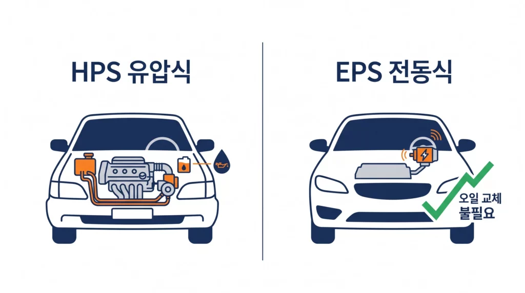 유압식 파워 스티어링(HPS)과 전동식(EPS·MDPS) 차이 비교 — 파워 오일 교체 필요 여부 구분 인포그래픽
