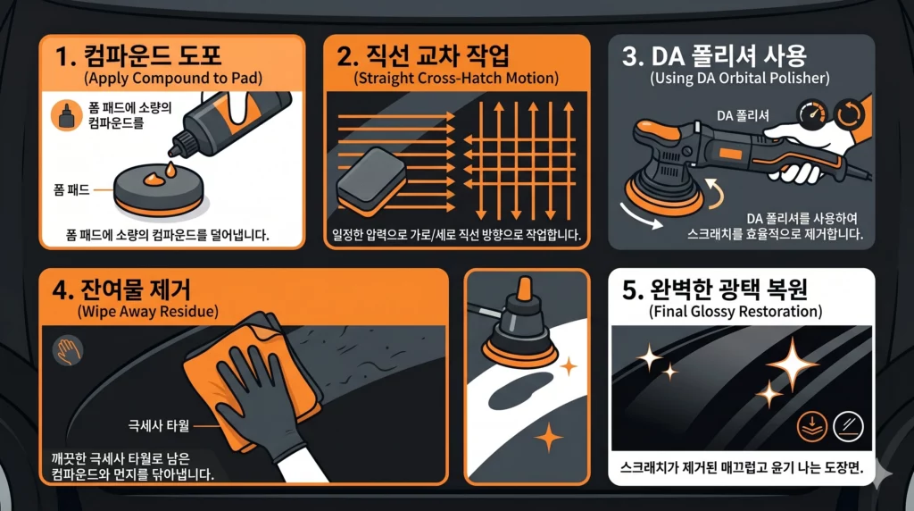 자동차 기스 컴파운드 시공 5단계 — 크로스해치 직선 도포, DA 폴리셔, 마이크로파이버 버핑 순서 인포그래픽