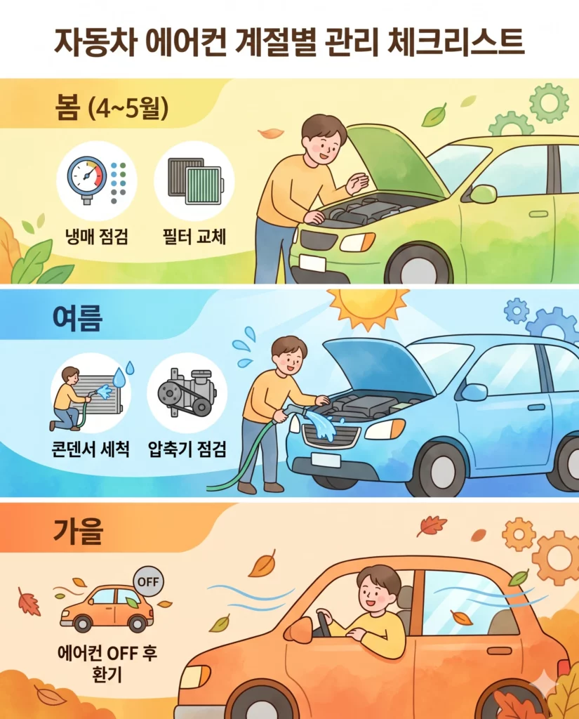 자동차 에어컨 계절별 관리 체크리스트 인포그래픽