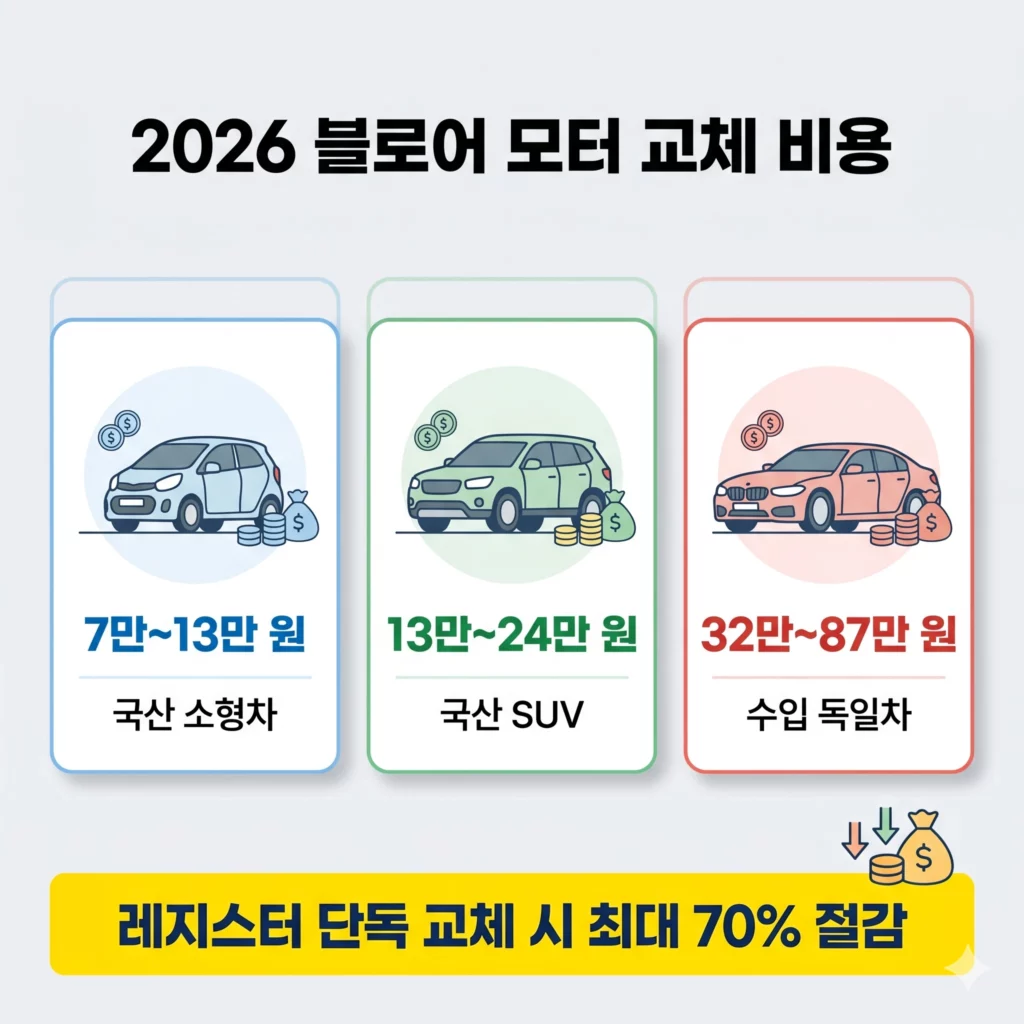 자동차 에어컨 블로어 모터 교체 비용 비교 인포그래픽. 깔끔한 카드형 레이아웃