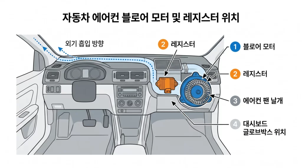 자동차 에어컨 블로어 모터와 레지스터 위치를 보여주는 기술 단면 일러스트