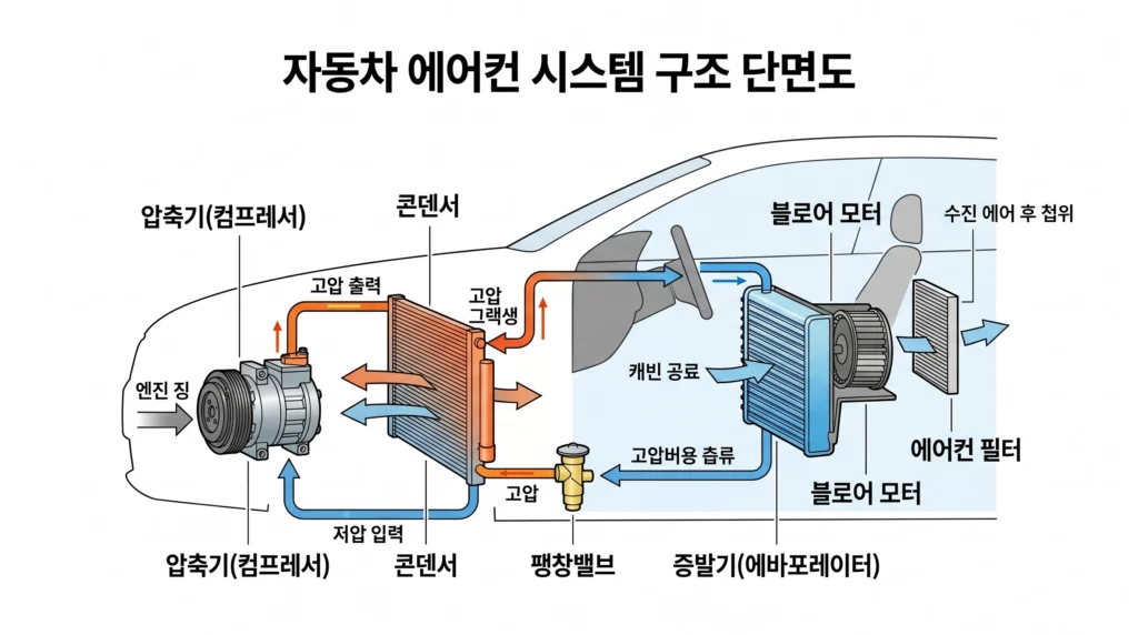 자동차 에어컨 시스템 구조 단면도 인포그래픽