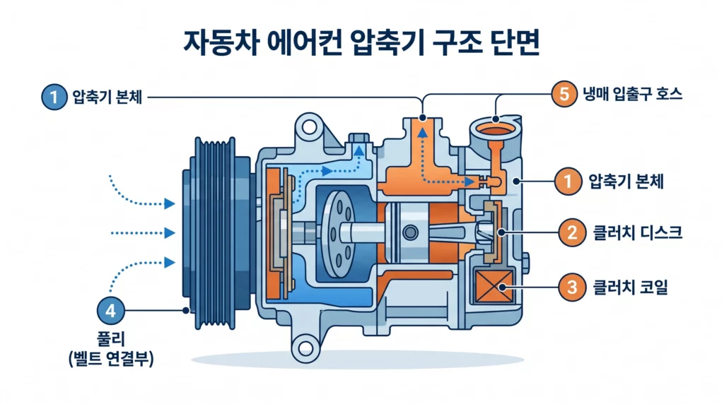 자동차 에어컨 압축기(컴프레서) 구조 단면 기술 일러스트