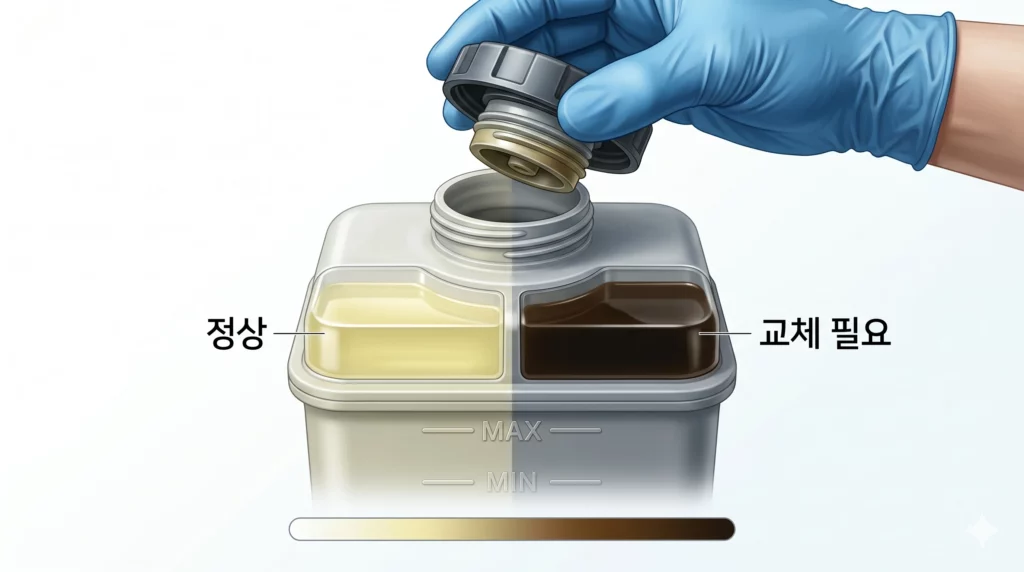 파워 스티어링 오일 색상 비교 — 새 오일(투명 연황색)과 교체 필요 오일(진갈색) 상태 일러스트