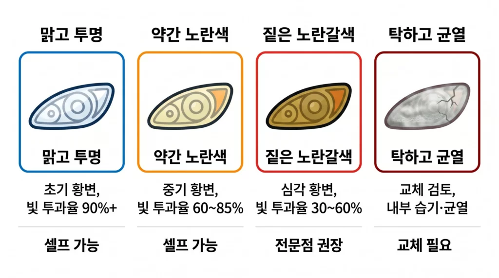 자동차 헤드라이트 황변 손상 4단계 비교 인포그래픽