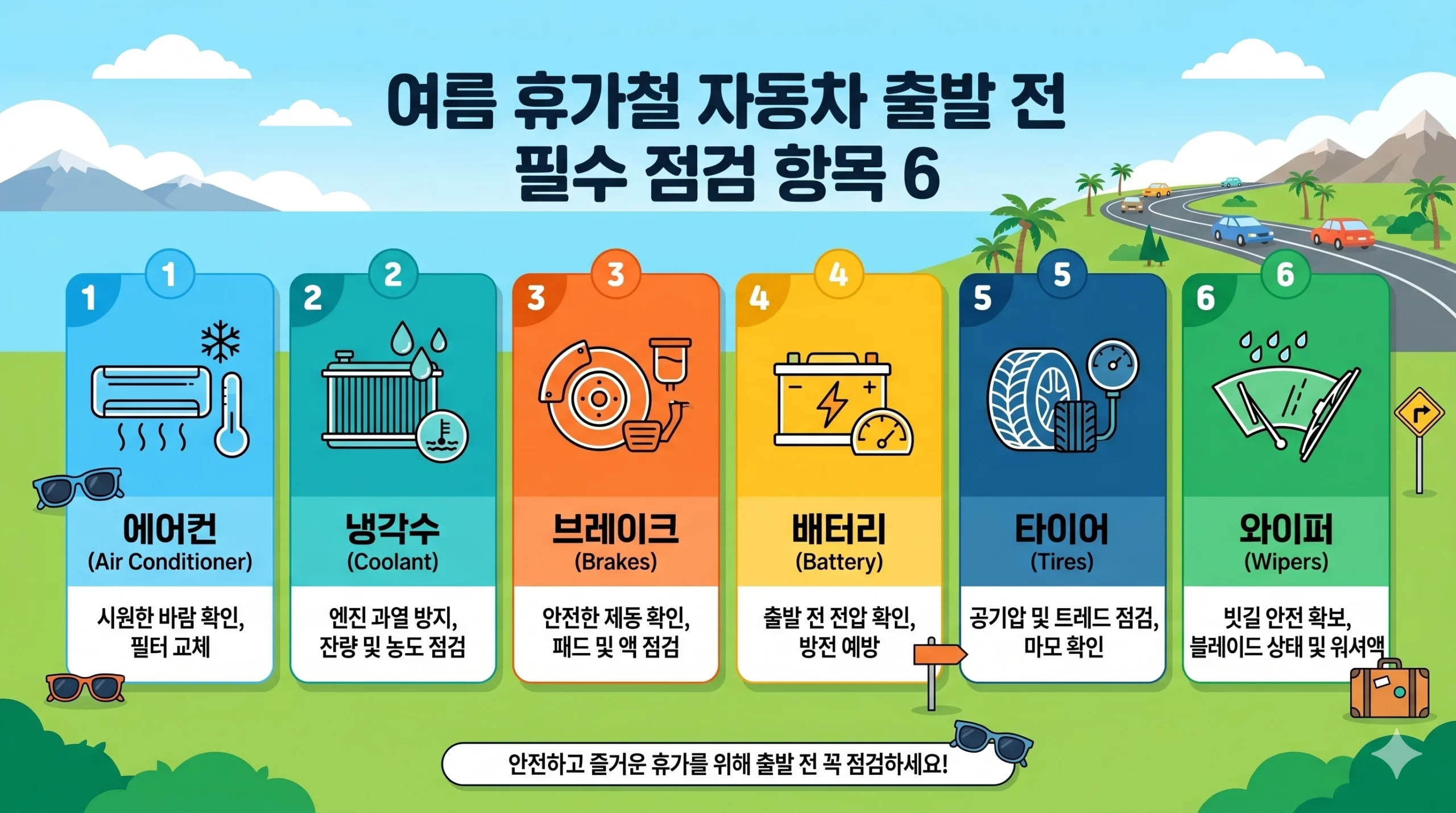 여름 휴가철 자동차 출발 전 점검 항목 6가지를 아이콘으로 정리한 인포그래픽