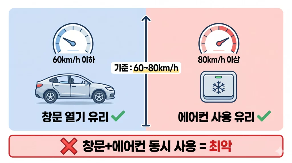 자동차 에어컨 vs 창문 열기 연비 비교 인포그래픽