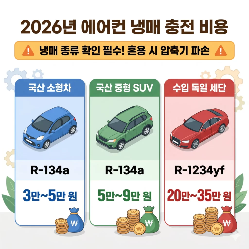 자동차 에어컨 냉매 충전 비용 비교 인포그래픽. 깔끔한 카드형 레이아웃. 흰색 배경
