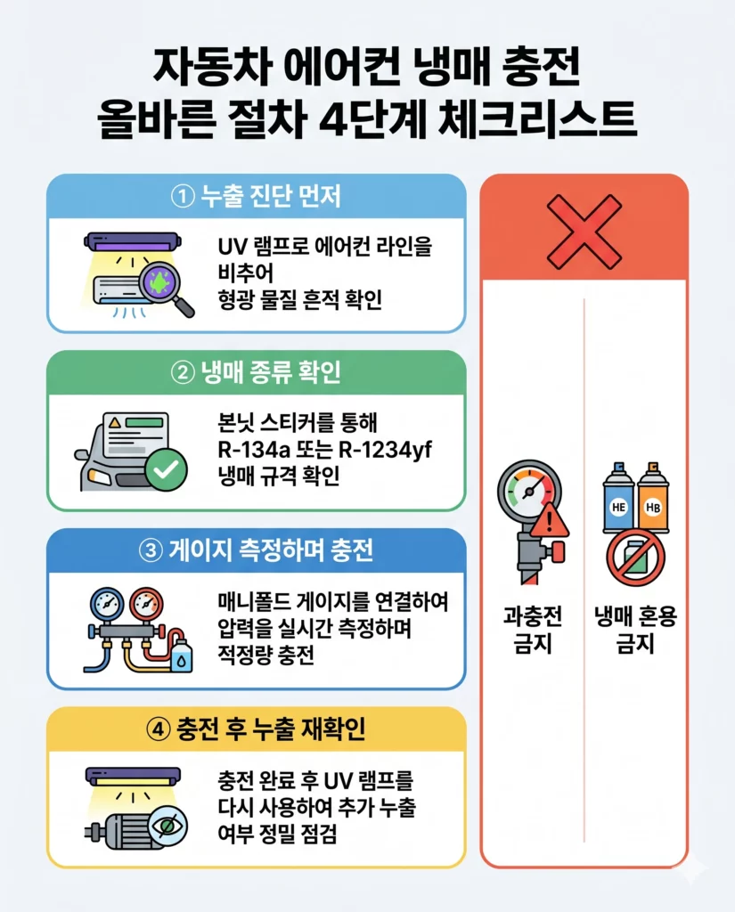 자동차 에어컨 냉매 충전 올바른 절차 4단계 체크리스트 인포그래픽