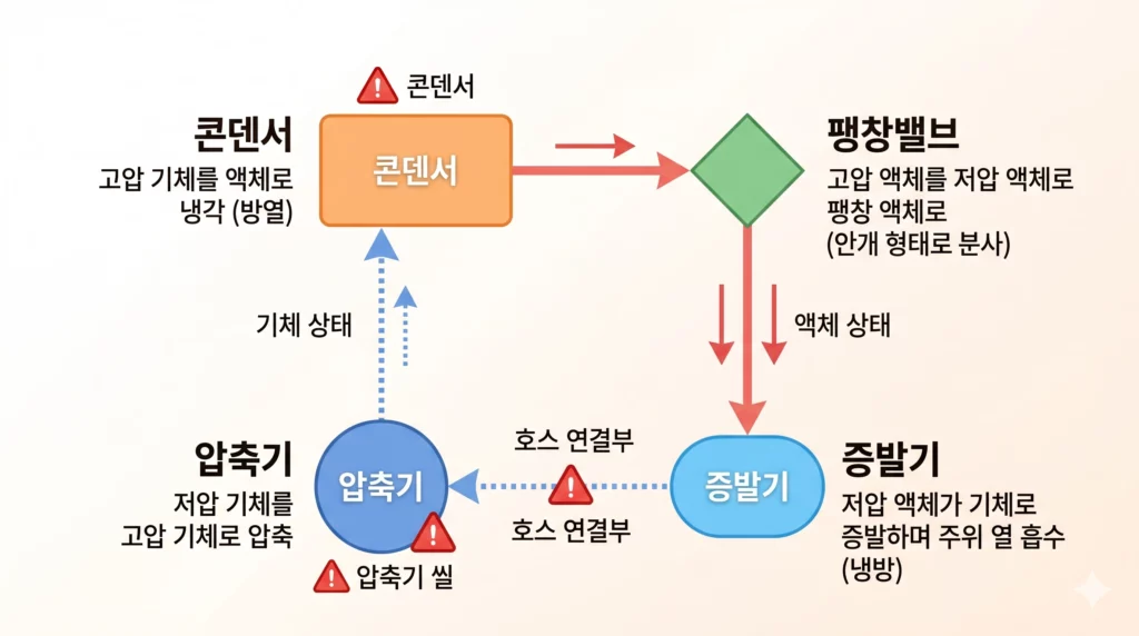 자동차 에어컨 냉매(가스) 순환 사이클 기술 일러스트. 흰색 배경