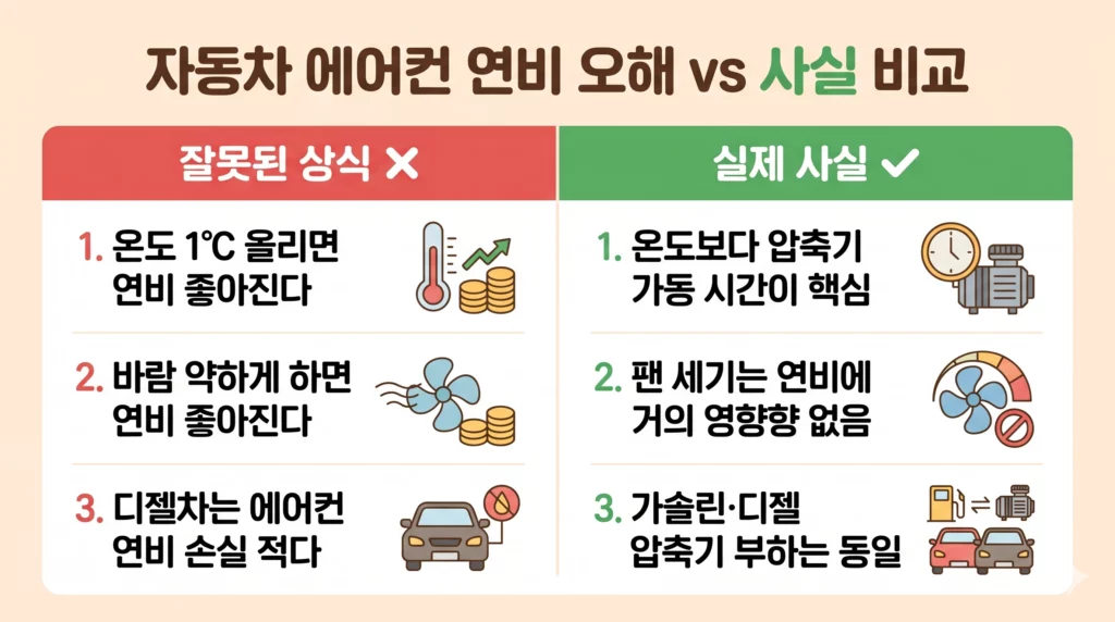 자동차 에어컨 연비 오해 vs 사실 비교 인포그래픽