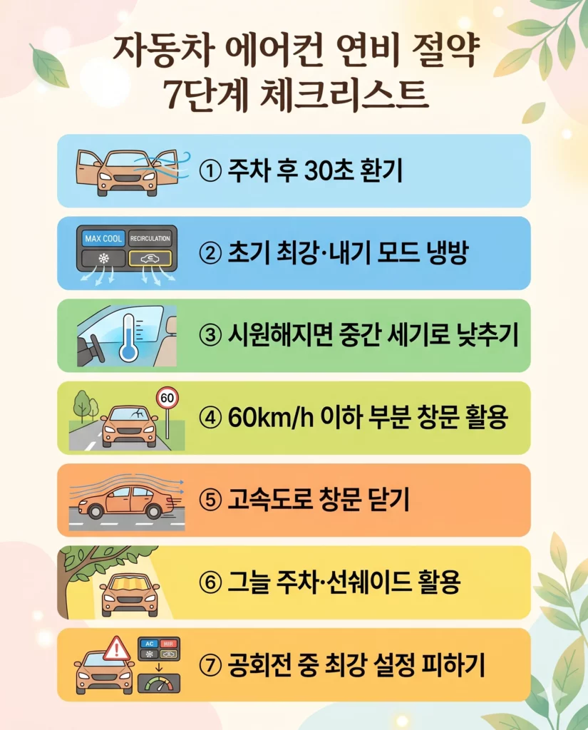자동차 에어컨 연비 절약 7단계 실천법 체크리스트 인포그래픽