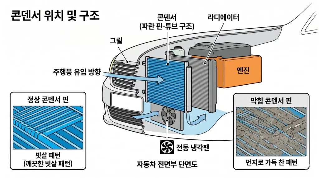 자동차 에어컨 콘덴서 위치 및 구조 기술 일러스트