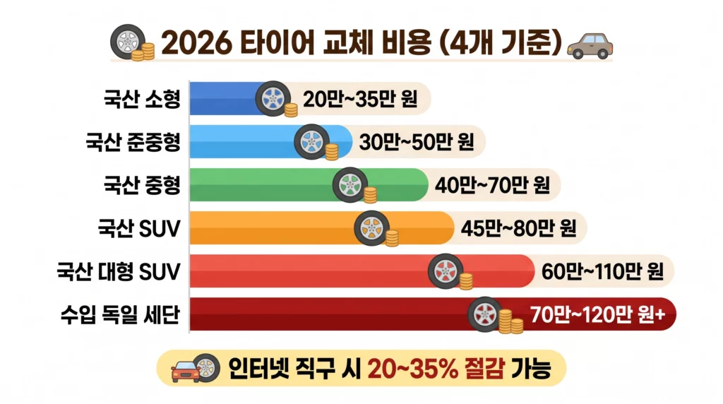 자동차 타이어 4개 교체 총비용 비교 인포그래픽