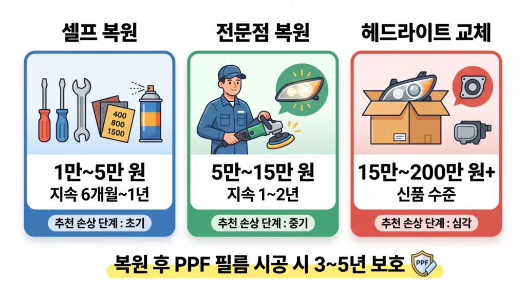 자동차 헤드라이트 복원 방법별 비용 비교 인포그래픽