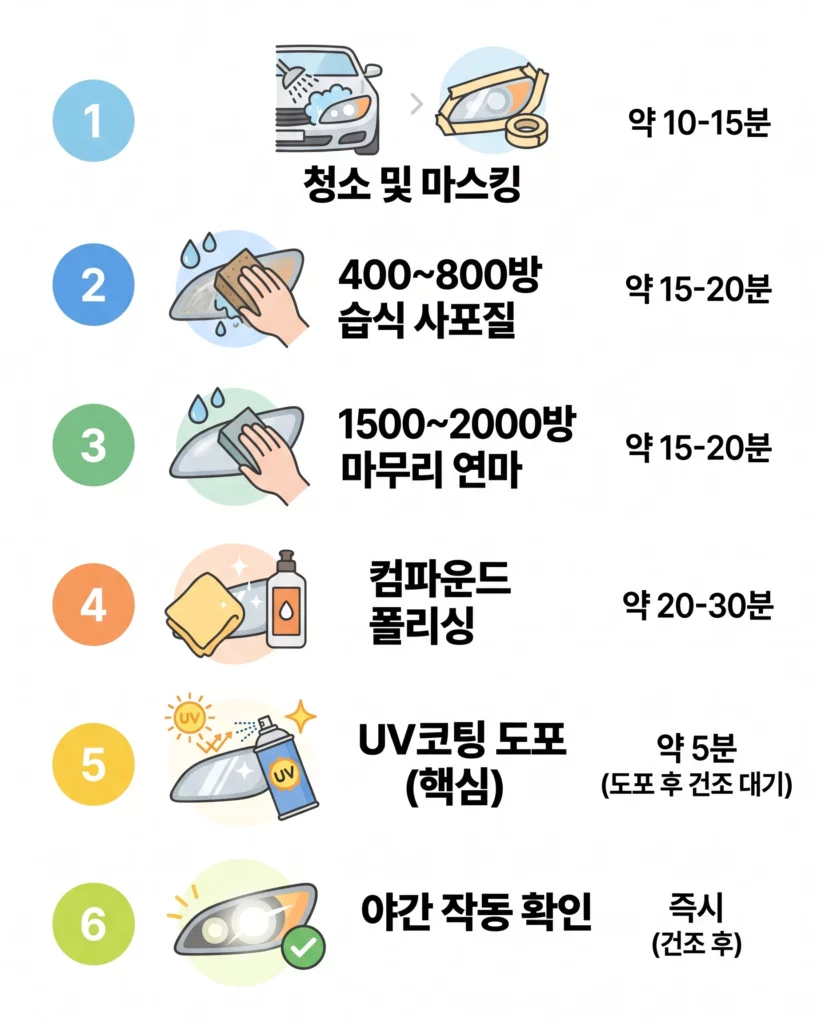 자동차 헤드라이트 셀프 복원 6단계 과정 체크리스트 인포그래픽