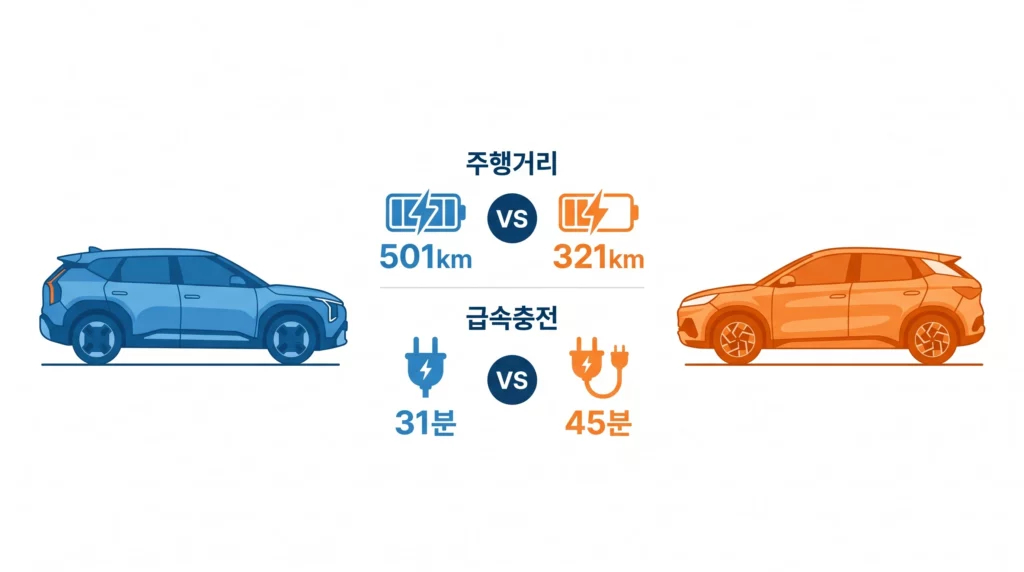 EV3 vs BYD 주행거리 비교 인포그래픽
