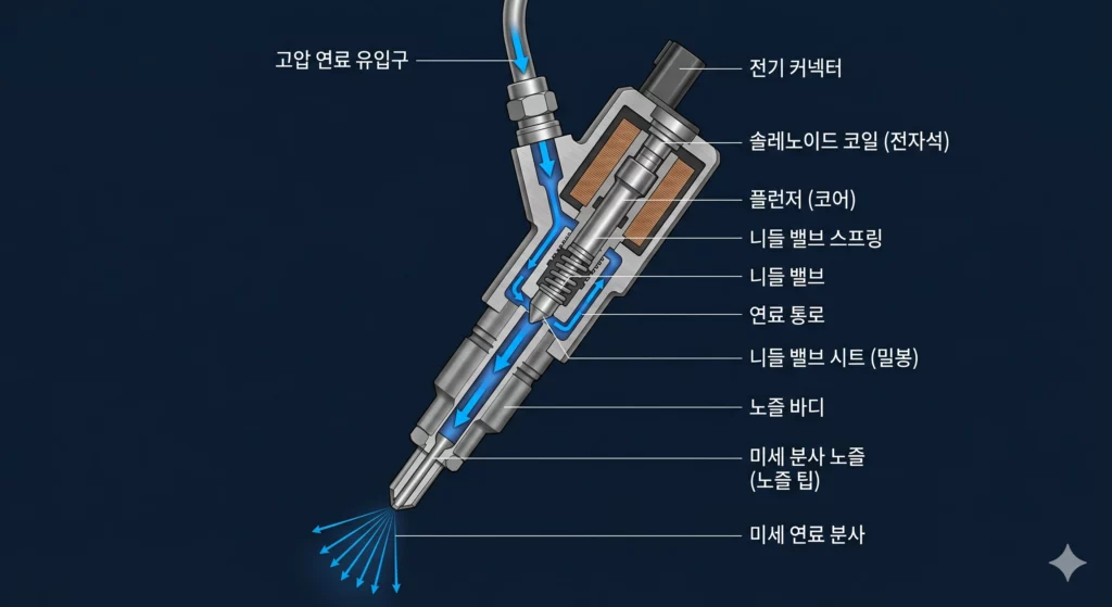 디젤 인젝터 내부 단면 구조 — 솔레노이드·니들 밸브·분사 노즐 위치 안내