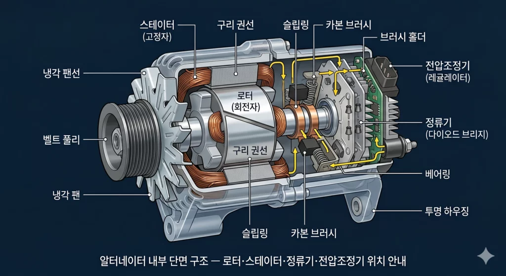 알터네이터 내부 단면 구조 — 로터·스테이터·정류기·전압조정기 위치 안내