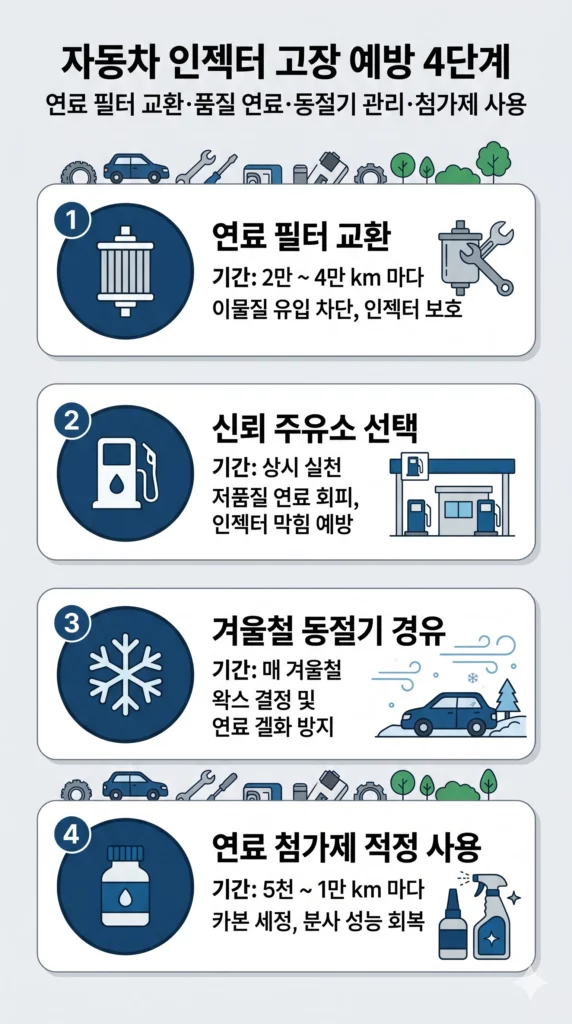 인젝터 고장 예방 4단계 — 연료 필터 교환·품질 연료·동절기 관리·첨가제 사용 인포그래픽