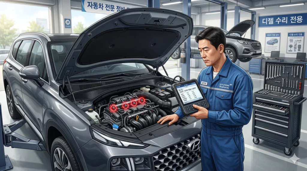 정비사가 OBD2 스캐너로 디젤 SUV 인젝터 고장 코드를 진단하는 장면