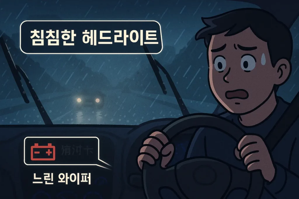 제너레이터 고장으로 인한 헤드라이트 밝기 저하 — 정상 상태와 비교