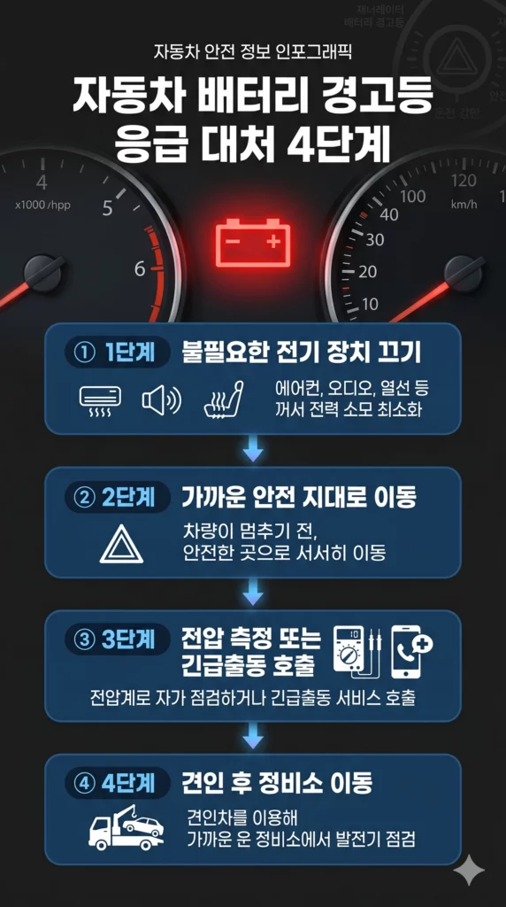 제너레이터 배터리 경고등 점등 시 응급 대처 4단계 인포그래픽