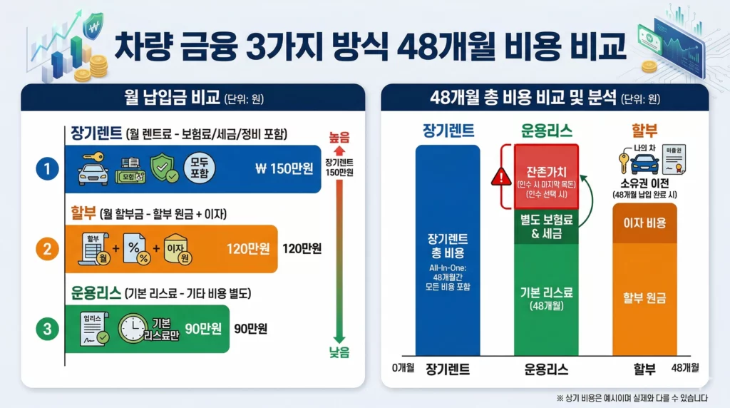 장기렌트 리스 할부 월납입금 및 총비용 비교 인포그래픽