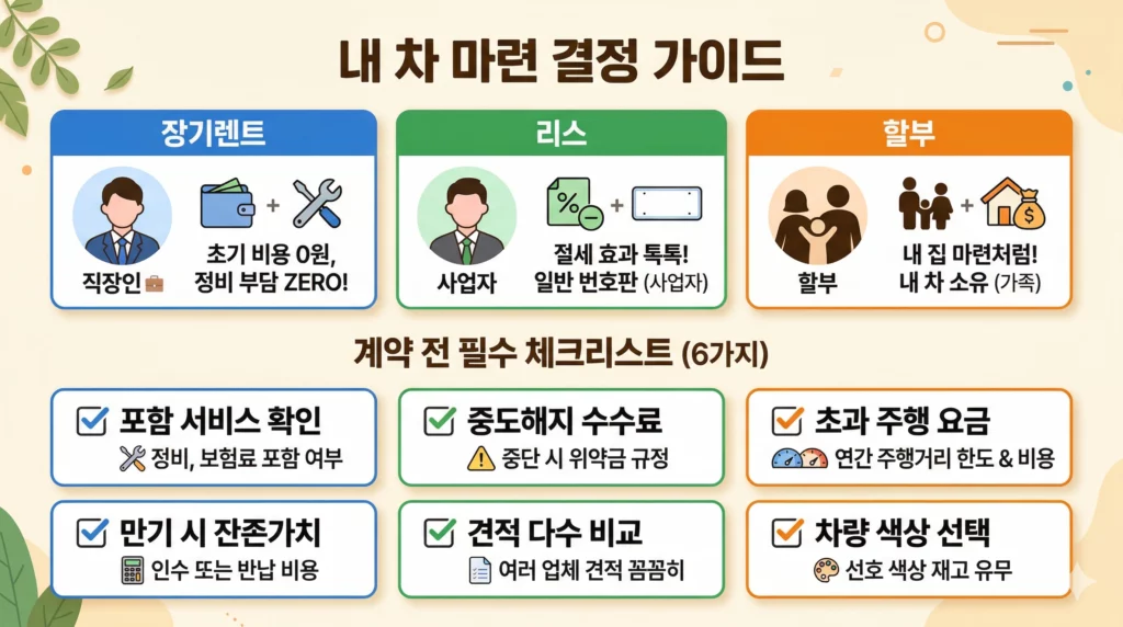 장기렌트 리스 할부 유형별 추천 상황 및 계약 전 체크리스트 인포그래픽