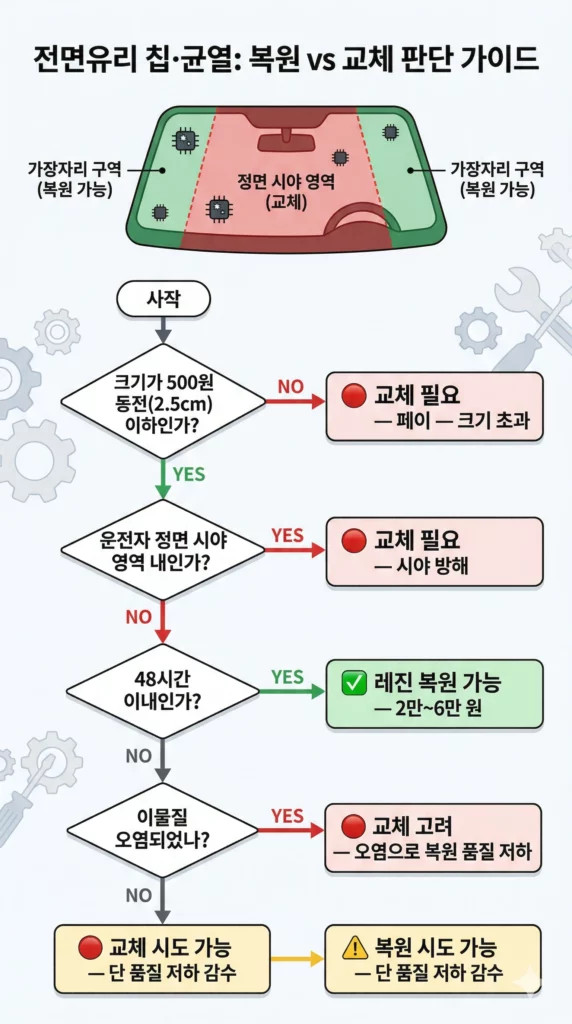 차유리 칩 복원 vs 교체 판단 플로우차트