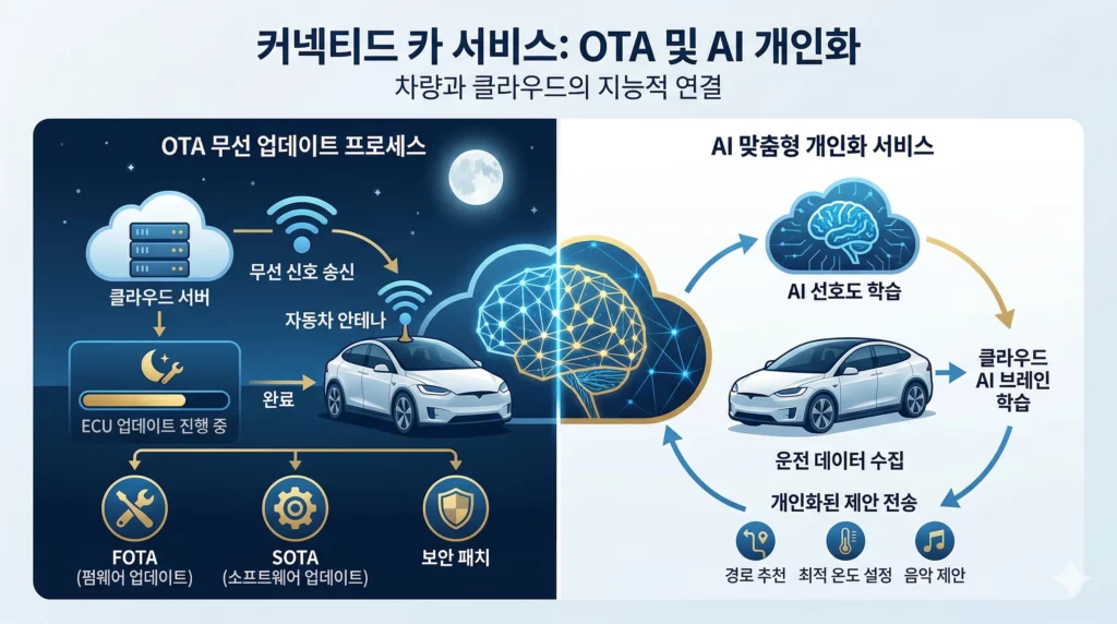 커넥티드카 OTA 업데이트와 AI 개인화 서비스 작동 구조 인포그래픽
