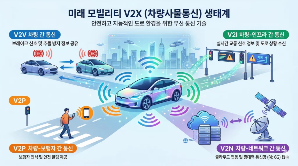 커넥티드카 V2X 통신 V2V V2I V2N V2P 구조 인포그래픽