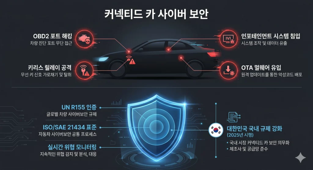 커넥티드카 사이버보안 위협 유형과 국내 커넥티드 서비스 현황 인포그래픽