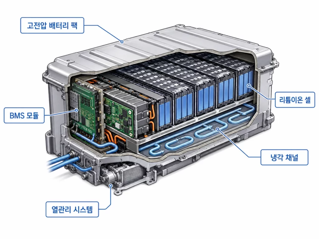 하이브리드 전기차 고전압 배터리 팩의 단면 구조로 리튬이온 셀, BMS 모듈, 냉각 채널, 열관리 시스템을 보여주는 기술 도해