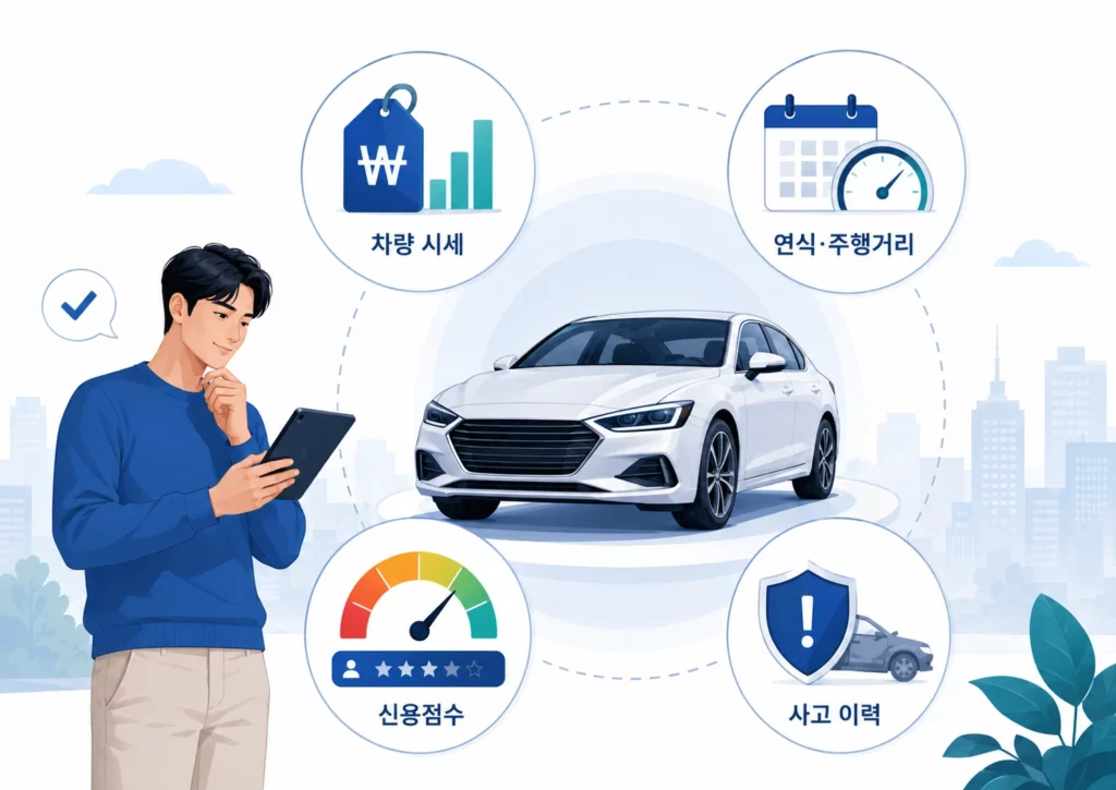자동차 담보대출 한도를 결정하는 차량 시세, 연식과 주행거리, 신용점수, 사고 이력 요소 일러스트