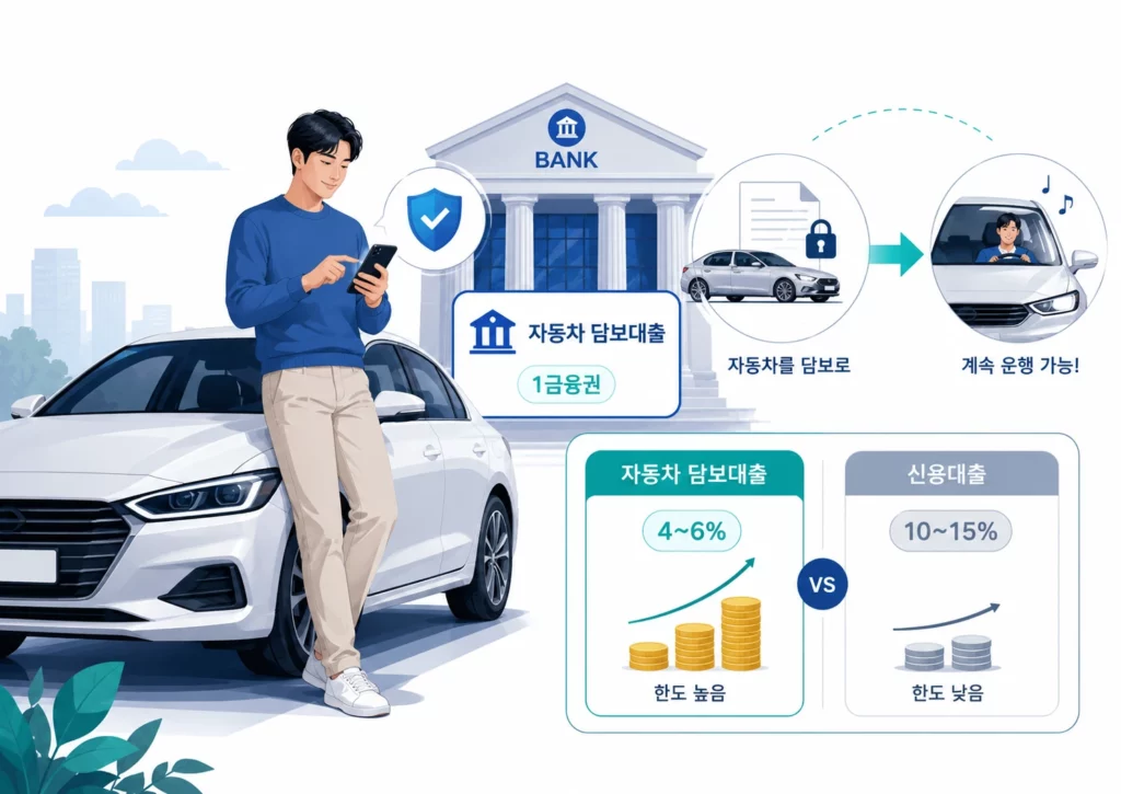 자동차 담보대출로 차량을 계속 운행하면서 1금융권 대출 한도와 금리를 비교하는 일러스트