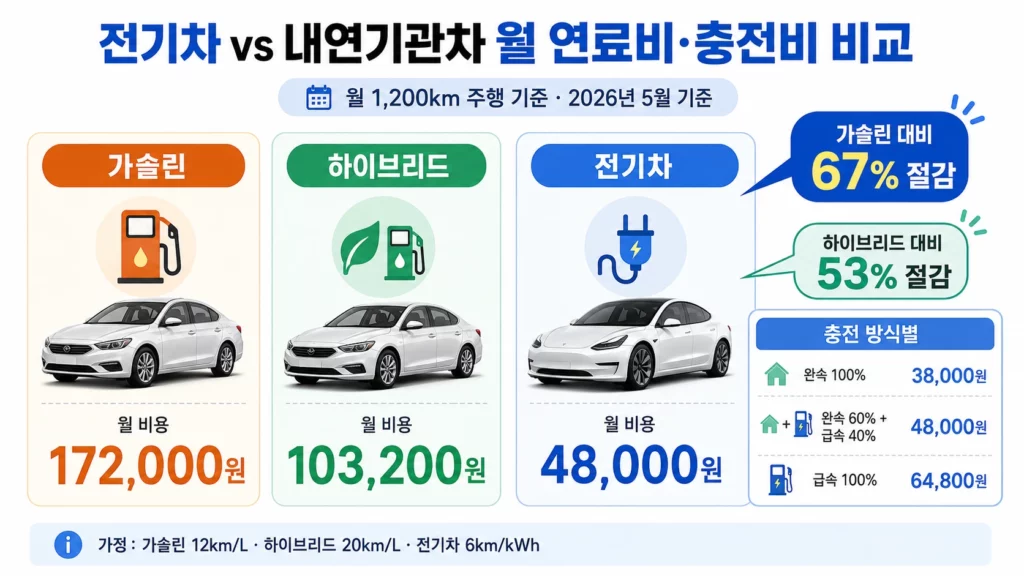전기차 내여니관차 월 연료비 충전비 비교 인포그래픽