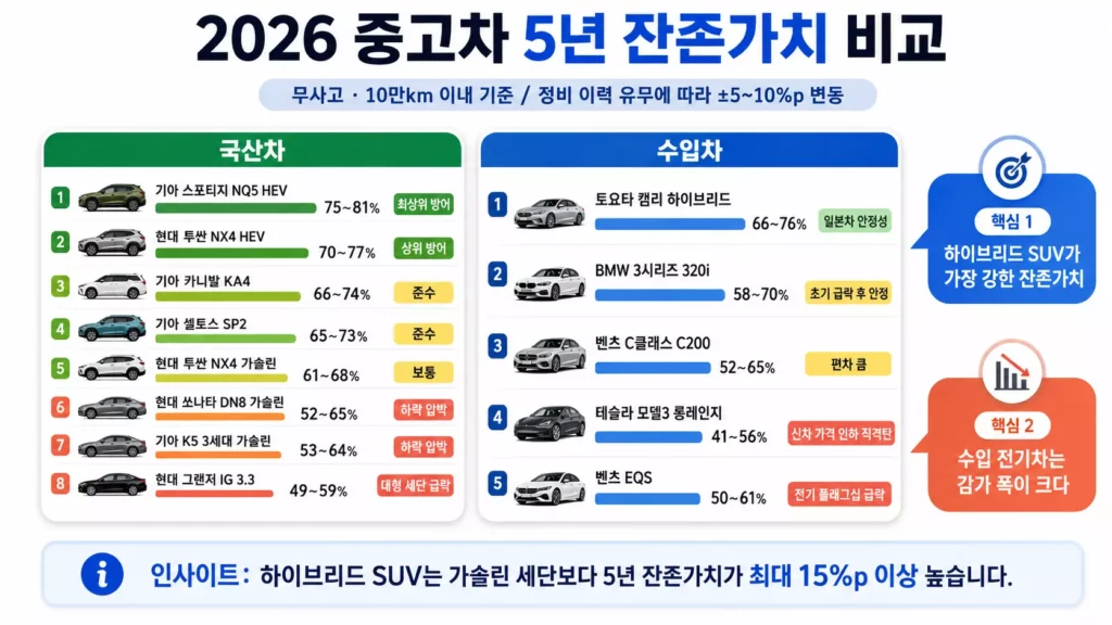 중고차 5년 잔존가치 비교 인포그래픽